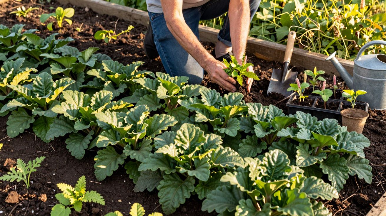 Pessoa plantando mudas em canteiro de jardim com regador, pá e outras mudas ao redor.