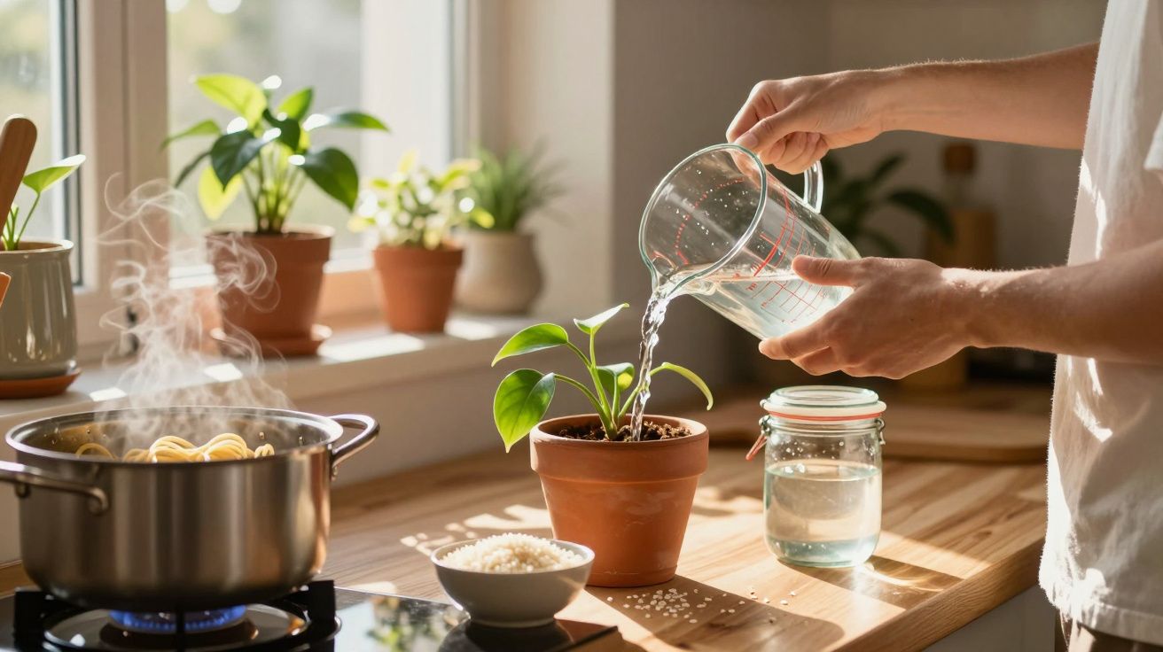 Pessoa regando planta em vaso de barro na cozinha próxima ao fogão com panela de macarrão culinária.