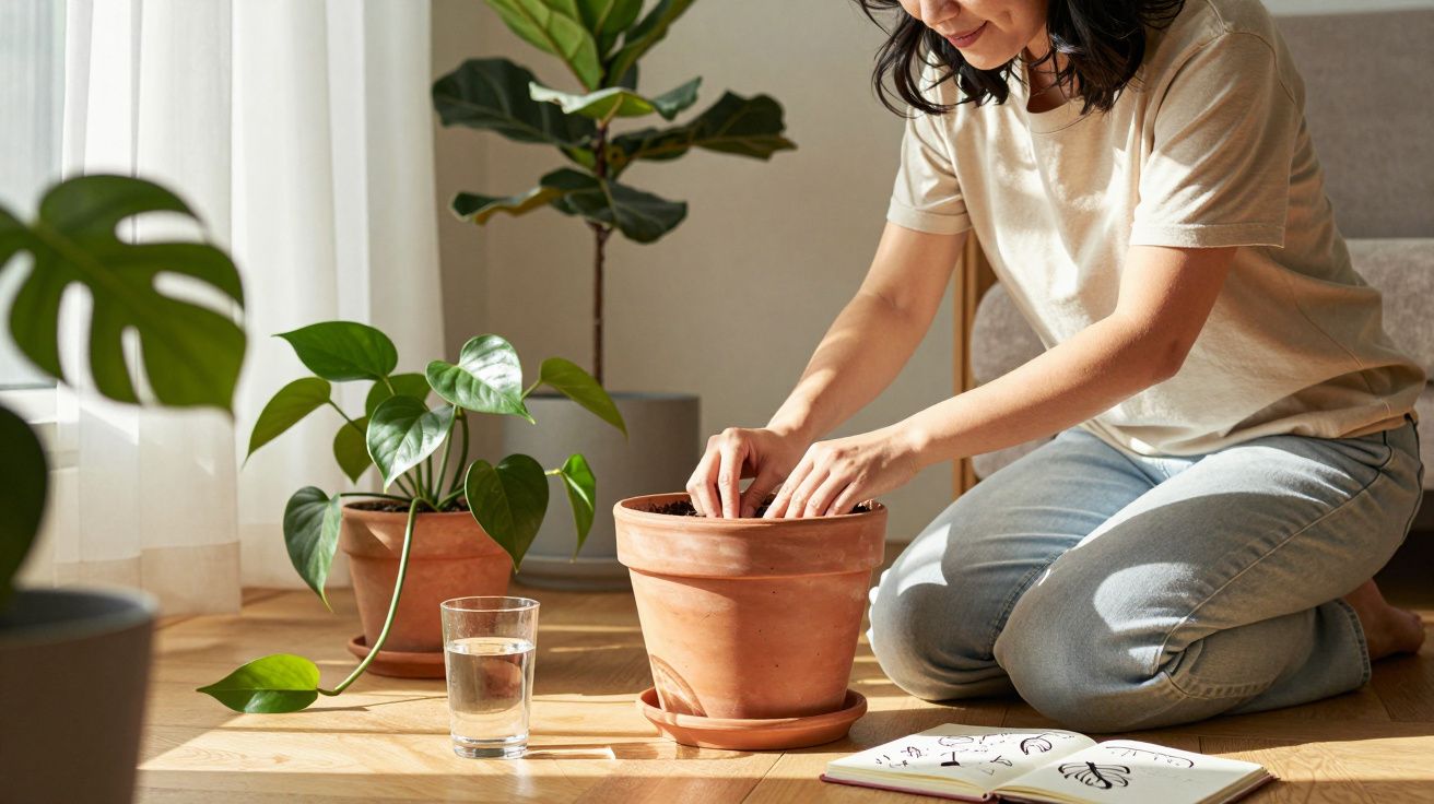 Pessoa cuidando de planta em vaso de barro dentro de casa, com caderno aberto e copo d'água ao lado.