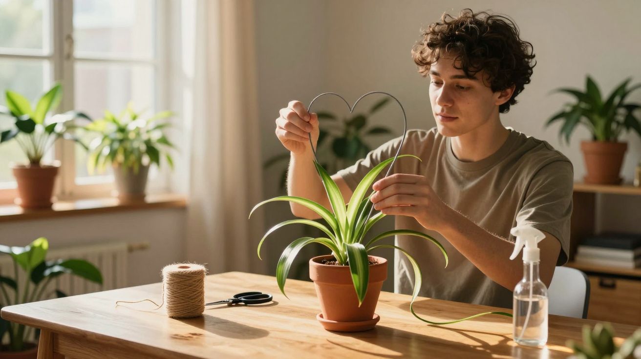 Jovem cuidando de planta em vaso, segurando suporte de metal em formato de coração em sala iluminada.