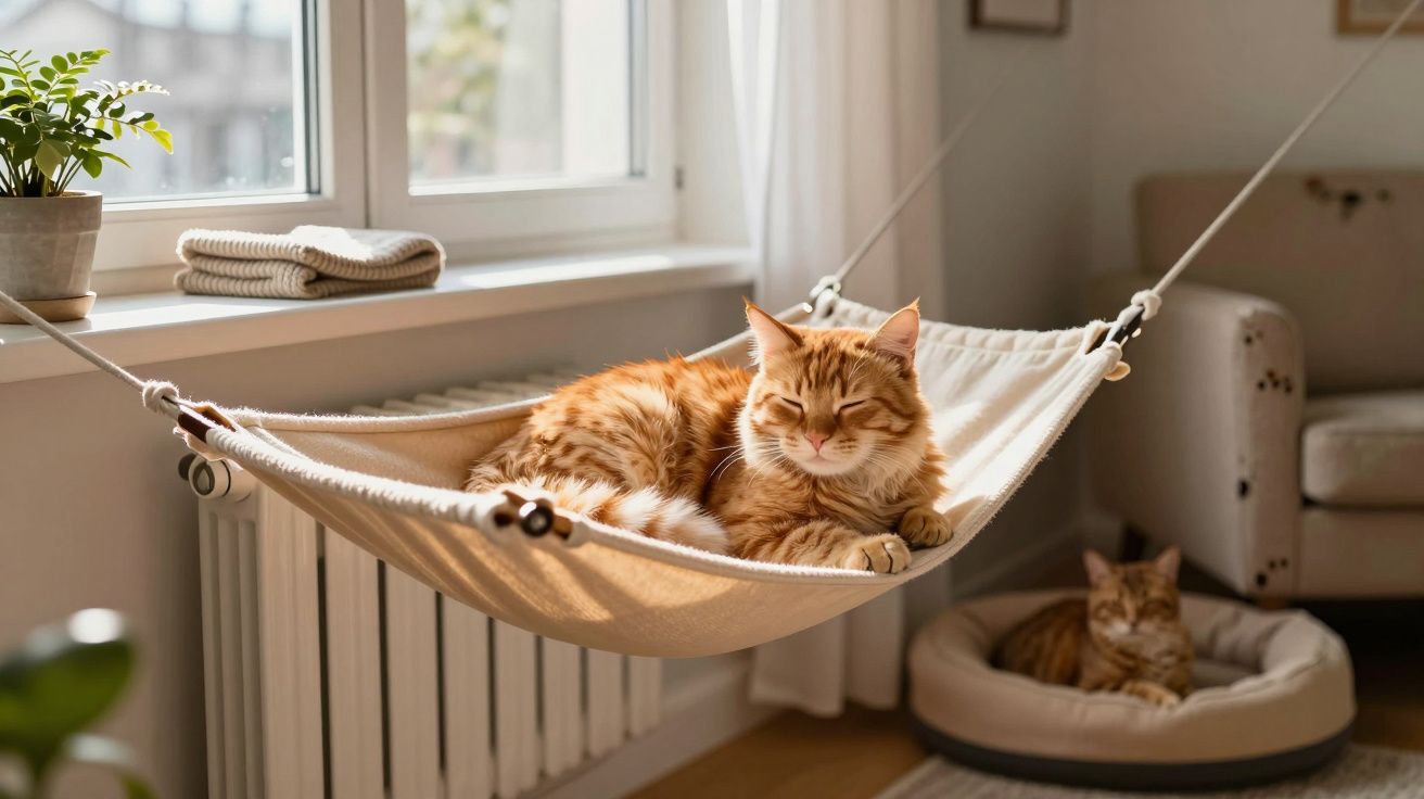 Gato laranja dormindo em rede perto da janela, com outro gato deitado em cama no chão ao fundo.