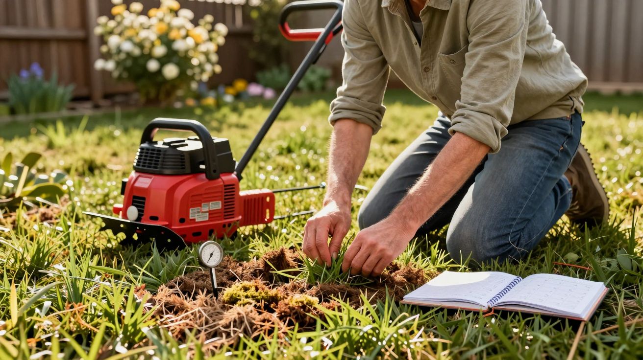 Pessoa agachada analisando amostras de solo em jardim com equipamento e caderno aberto ao lado.