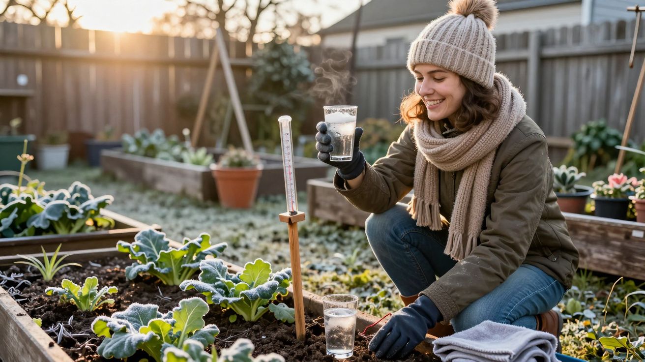 Mulher sorrindo com roupa de inverno segurando copo de água quente ao lado de canteiro com plantas e termômetro.
