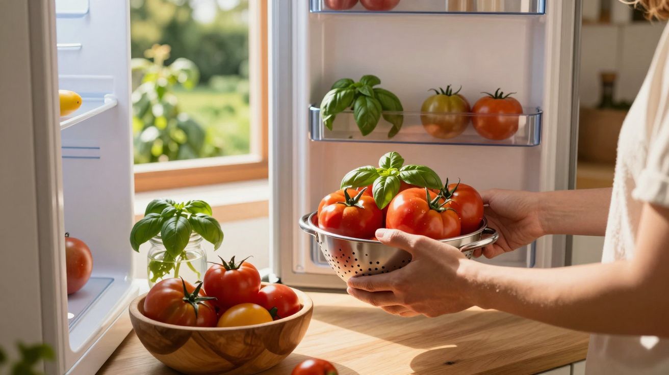 Pessoa guardando tomates frescos com folhas de manjericão em escorredor dentro da geladeira aberta.
