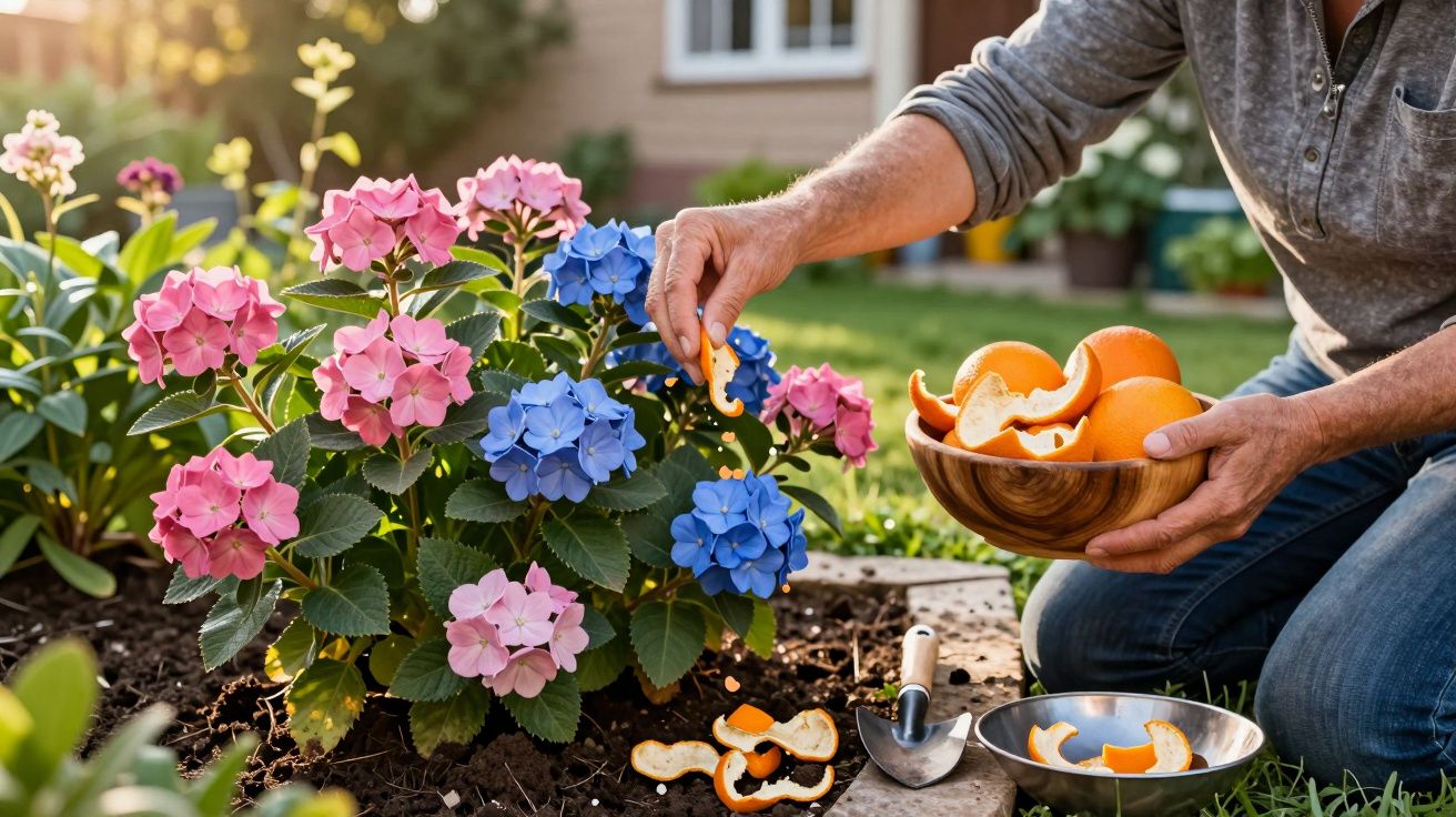 Pessoa colocando cascas de laranja perto de flores coloridas em um jardim ensolarado.