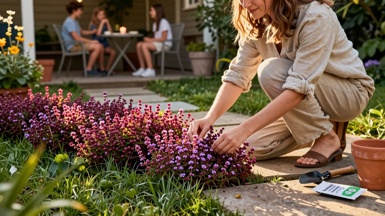Mulher cuidando de flores rosas em jardim, com pessoas conversando ao fundo em uma varanda.