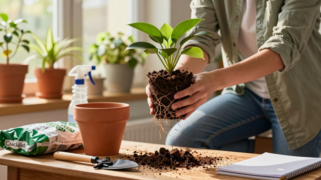 Pessoa segurando muda de planta com terracota, terra e ferramentas para jardinagem em mesa de madeira.