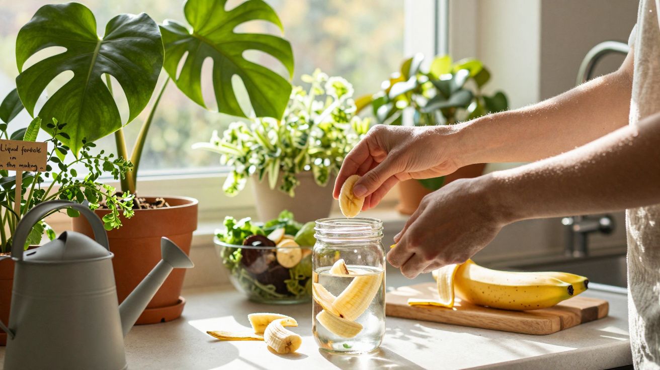 Mãos colocando pedaços de banana em jarra com água em cozinha iluminada, plantas e regador ao fundo.