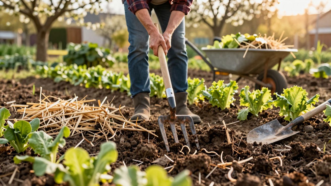 Pessoa usando ferramenta de jardim para preparar solo entre plantas verdes em canteiro ensolarado.