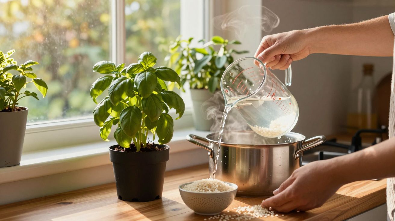 Pessoa despejando arroz em panela com vapor perto de vaso com manjericão na bancada da cozinha.