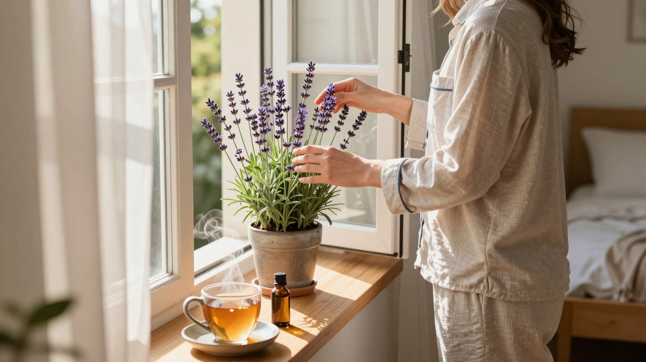 Pessoa em pijama cuidando de planta de lavanda em peitoril de janela com chá e óleo essencial ao lado.
