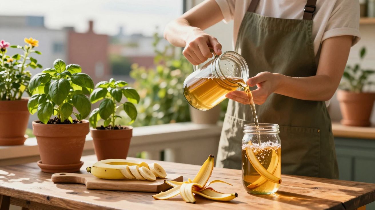 Pessoa preparando chá em jarra com fatias de banana ao lado, em mesa de madeira com plantas.