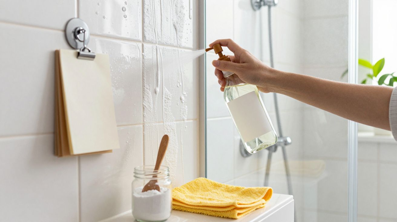 Pessoa aplicando produto de limpeza em azulejos brancos de banheiro com pano amarelo e jarra com escova.