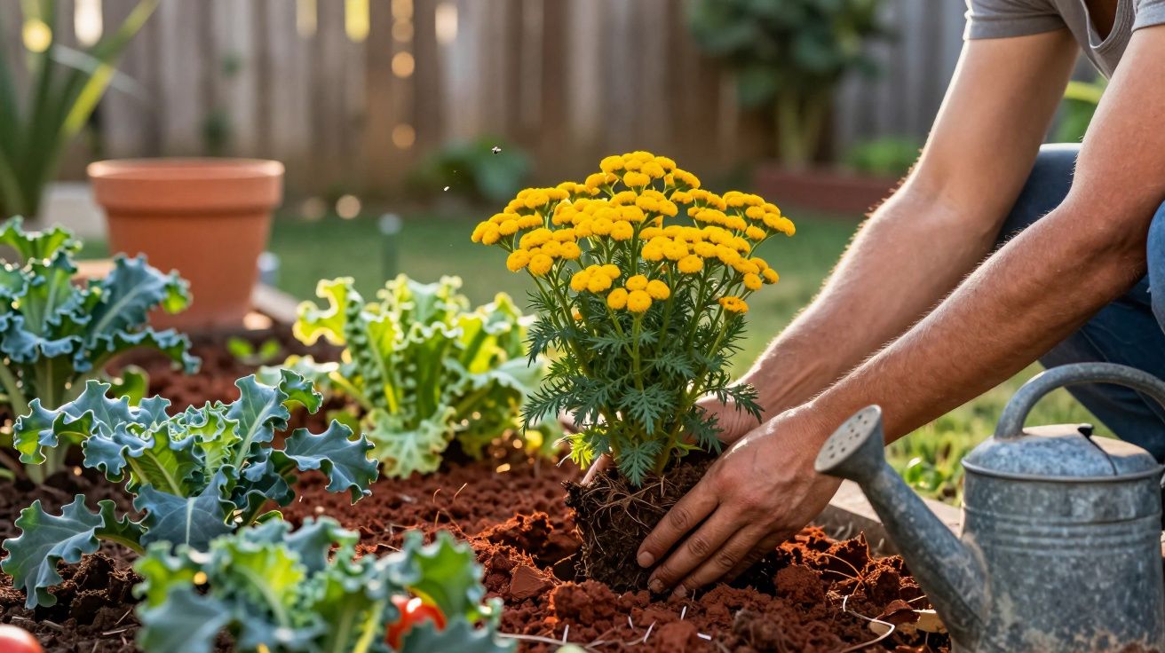 Pessoa plantando flor amarela em jardim com regador e plantas verdes ao redor em solo vermelho.