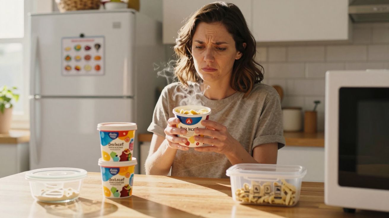 Mulher na cozinha olhando com desconfiança para um copo de macarrão instantâneo fumegante nas mãos.