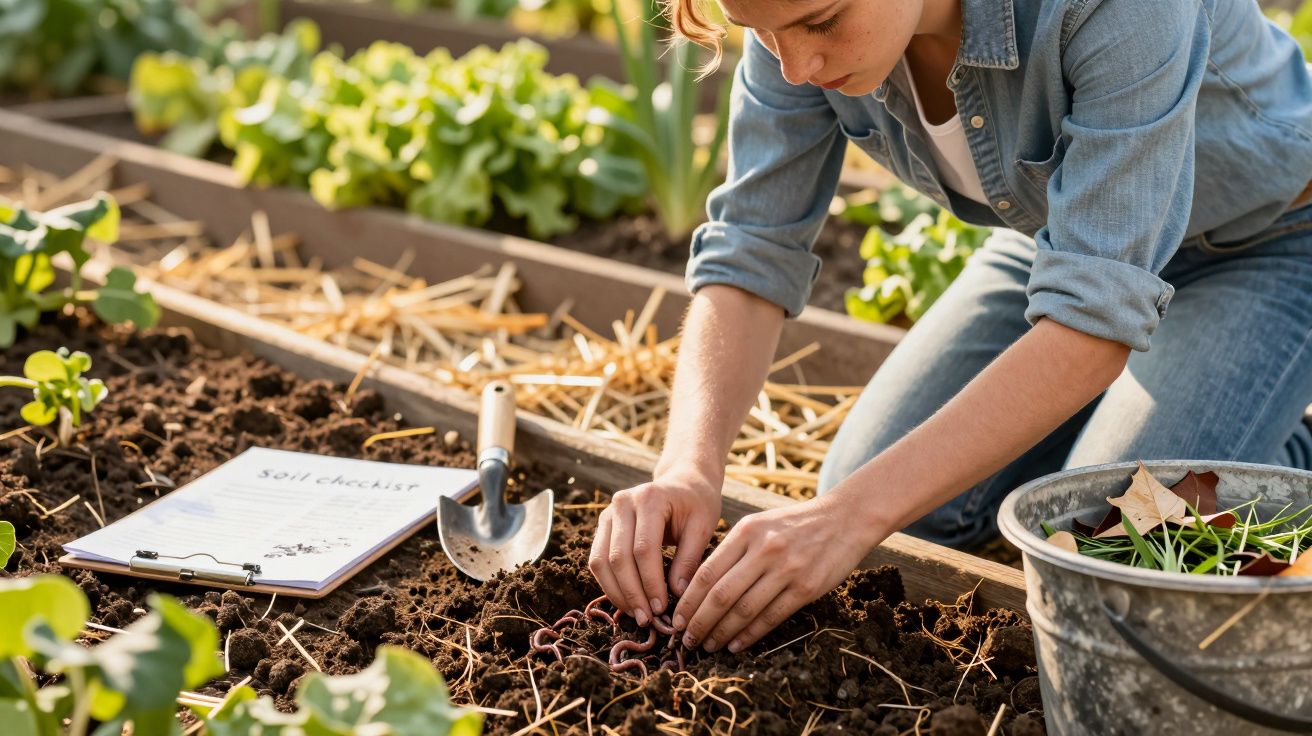 Mulher plantando minhocas em canteiro de jardim com regador, pá e lista de verificação ao lado.