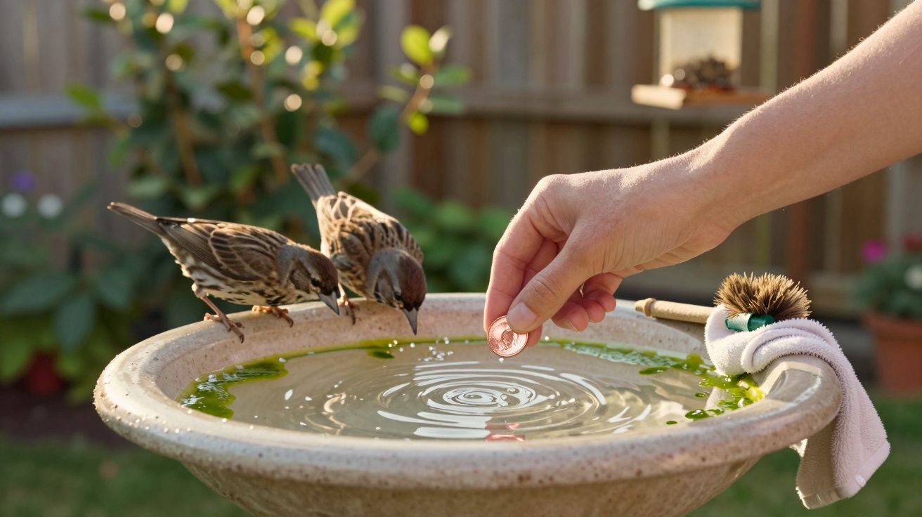 Mão jogando moeda em fonte enquanto dois passarinhos bebem água em jardim com plantas ao fundo.