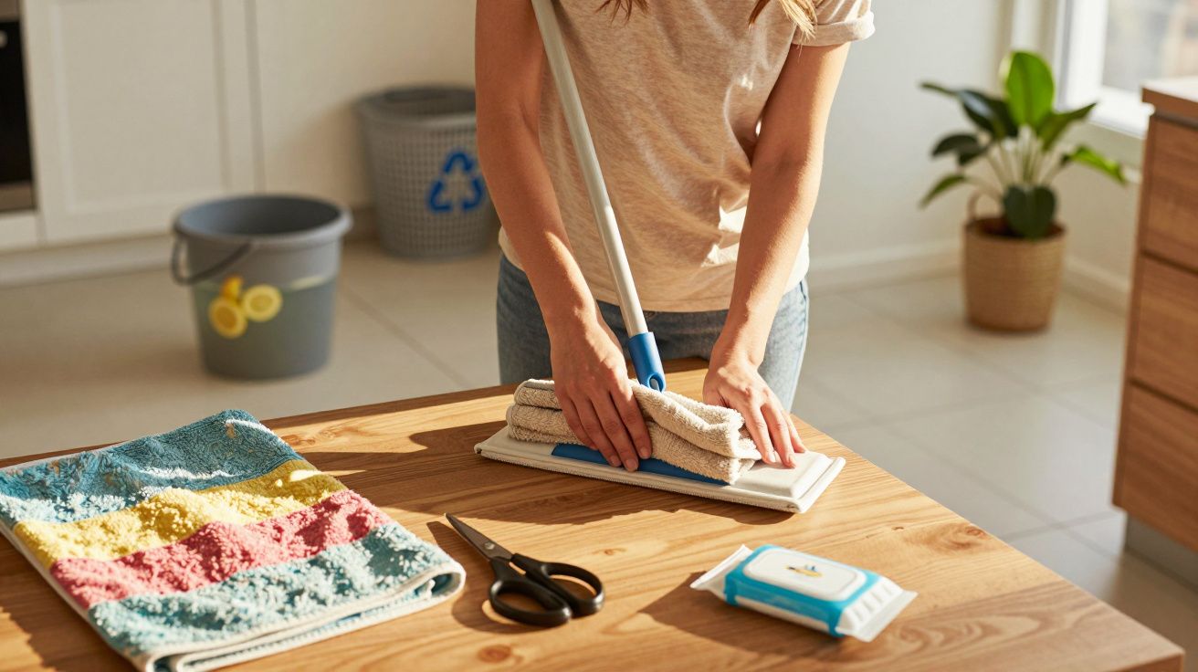 Pessoa limpando mesa de madeira com pano e esfregão em ambiente iluminado e organizado.