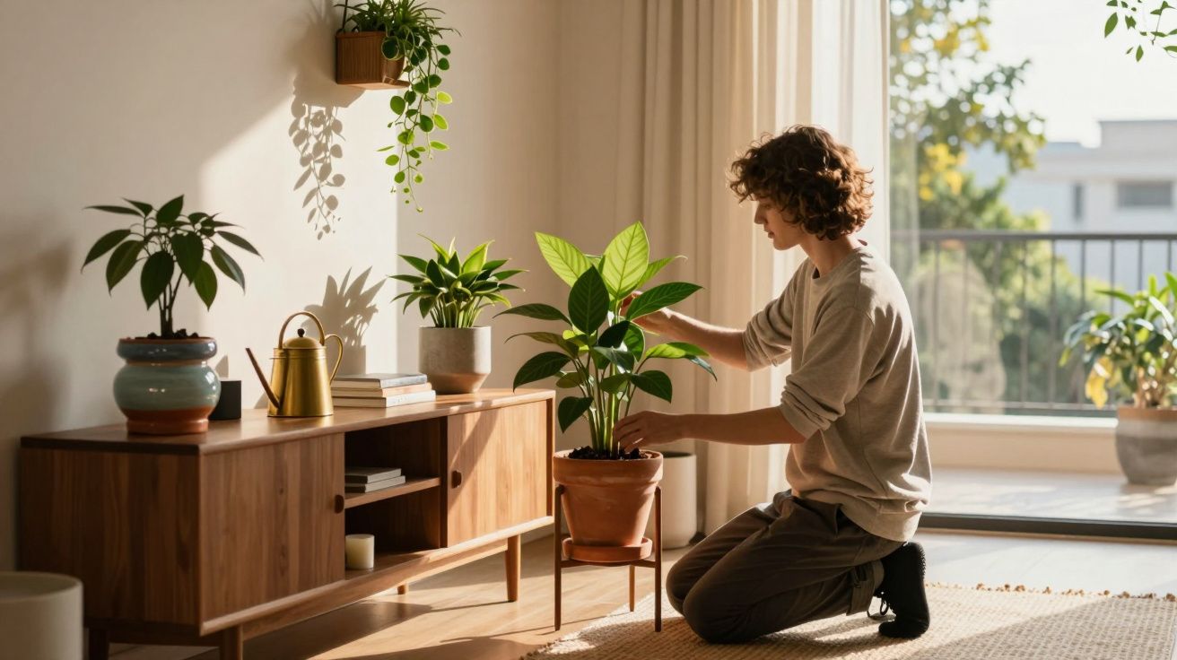 Pessoa cuidando de planta em vaso em ambiente interno iluminado pela luz natural.