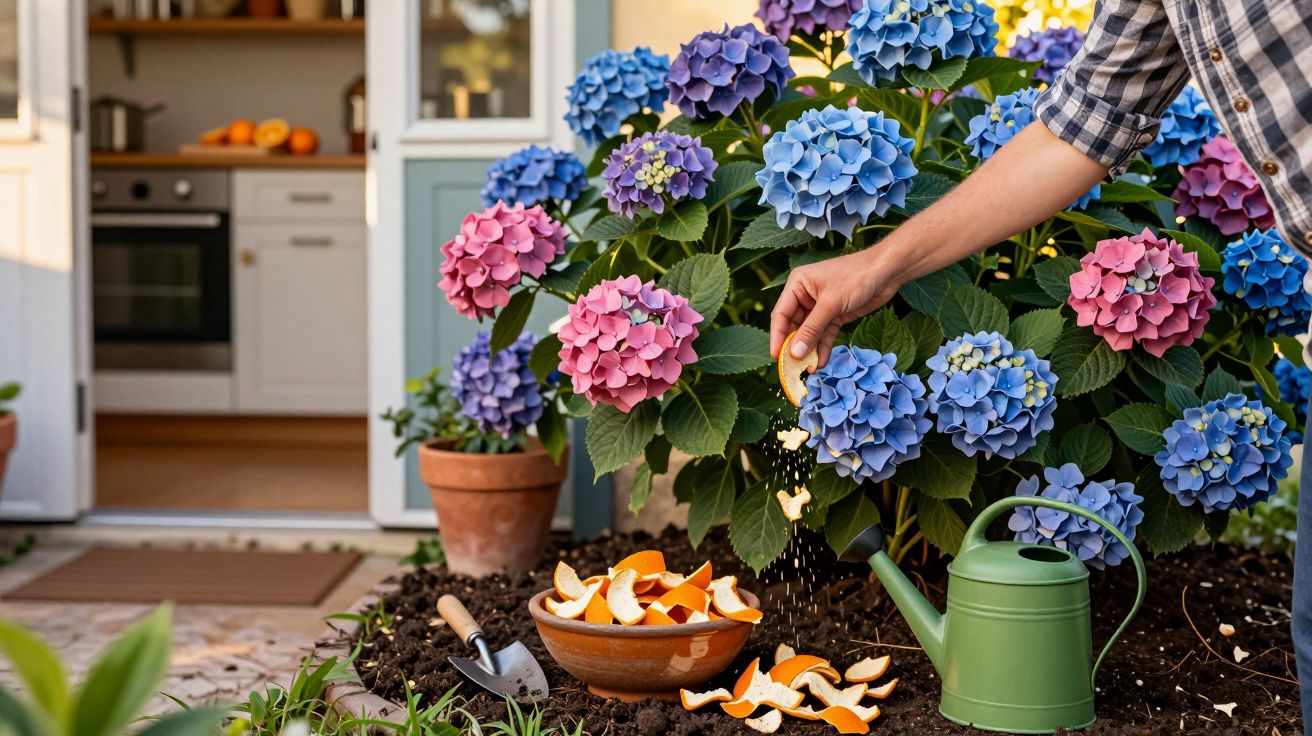Pessoa alimentando hortênsias coloridas com cascas de laranja fresca em jardim próximo a casa.