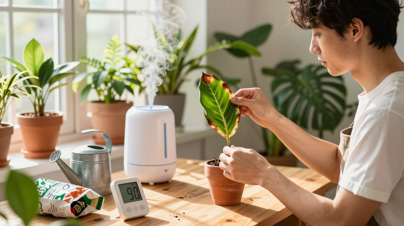 Pessoa cuidando de planta com folha seca em vaso, umidificador e regador em mesa de madeira.