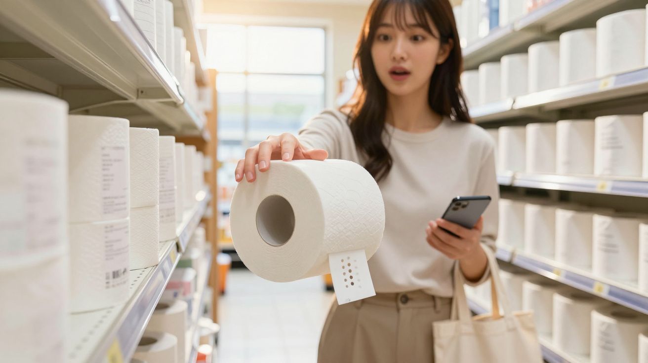 Mulher surpresa segurando um rolo de papel higiênico em corredor de supermercado com celular na outra mão.