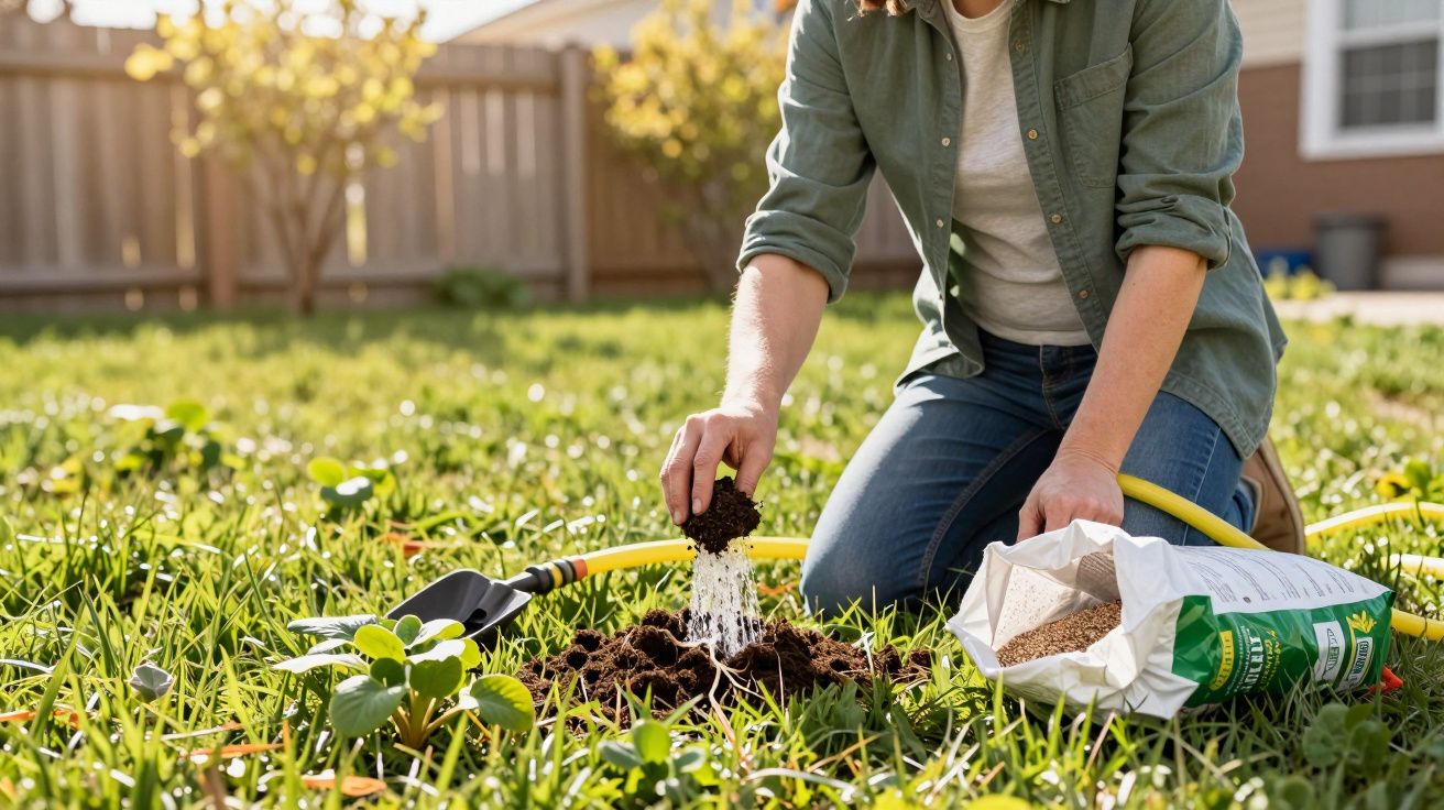 Pessoa fazendo jardinagem, espalhando adubo no solo em jardim ensolarado com mangueira e pá ao lado.
