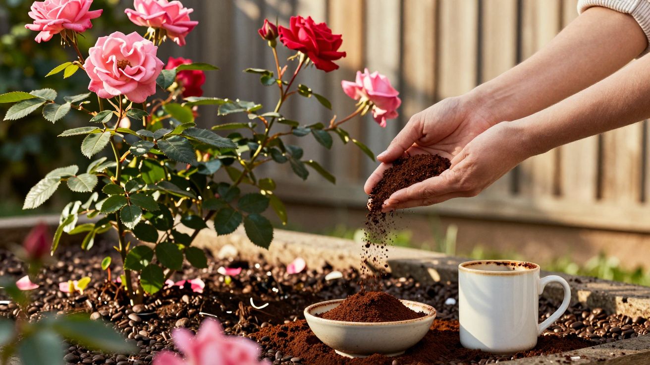 Mãos segurando pó de café sobre vaso com rosas rosas e vermelhas, com xícara branca ao lado.