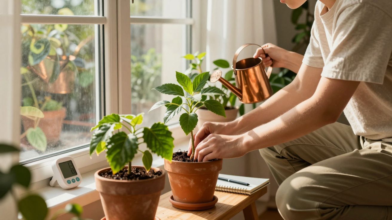 Pessoa regando plantas em vasos de terracota ao lado de uma janela iluminada pelo sol.