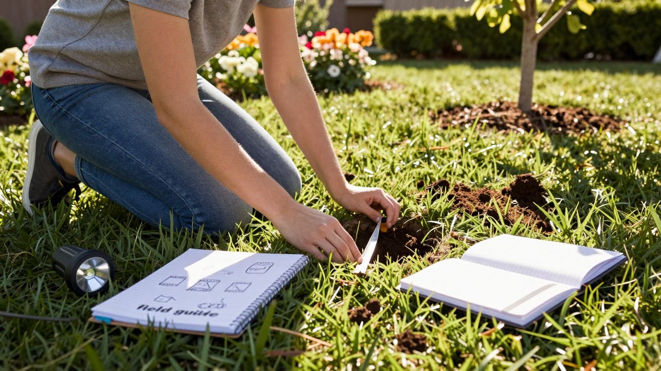 Pessoa de joelhos medindo e analisando solo no jardim com cadernos e lanterna ao lado.