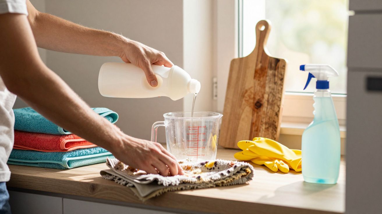 Pessoa despejando líquido em jarra medidora sobre bancada com utensílios de limpeza e panos coloridos.