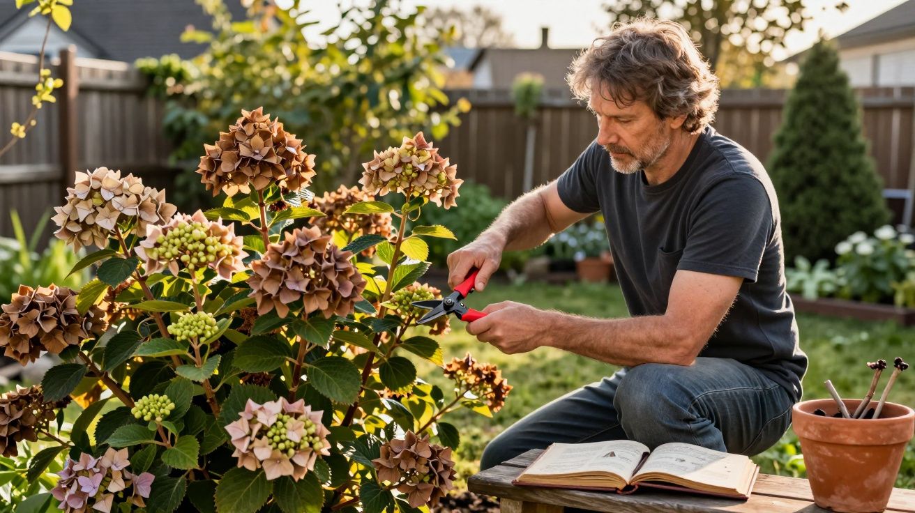 Homem cuidando de flores com tesoura de poda em jardim durante o dia.