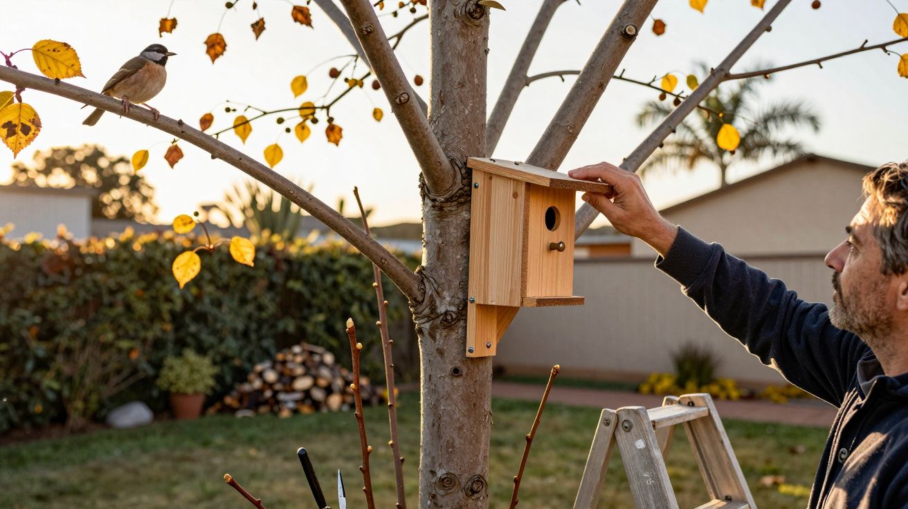 Homem instalando casinha de passarinho em árvore durante o dia em jardim residencial.
