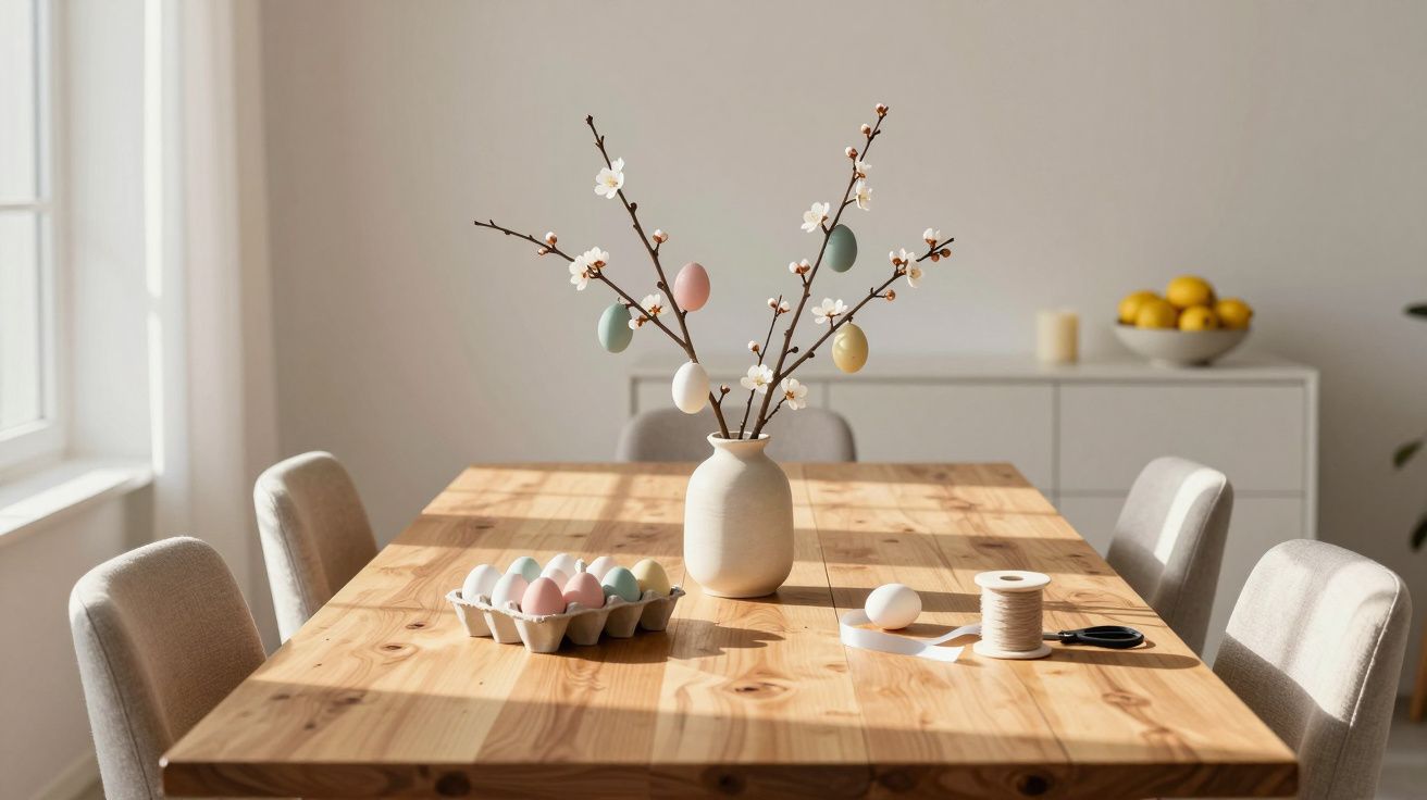 Mesa de madeira com vaso decorativo, ovos coloridos e cadeiras em sala iluminada por luz natural.