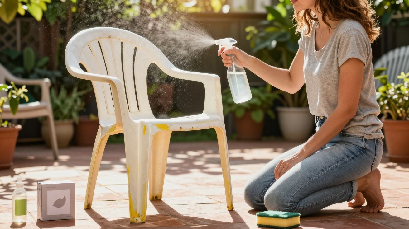 Mulher limpando cadeira plástica branca com borrifador em área externa ensolarada.