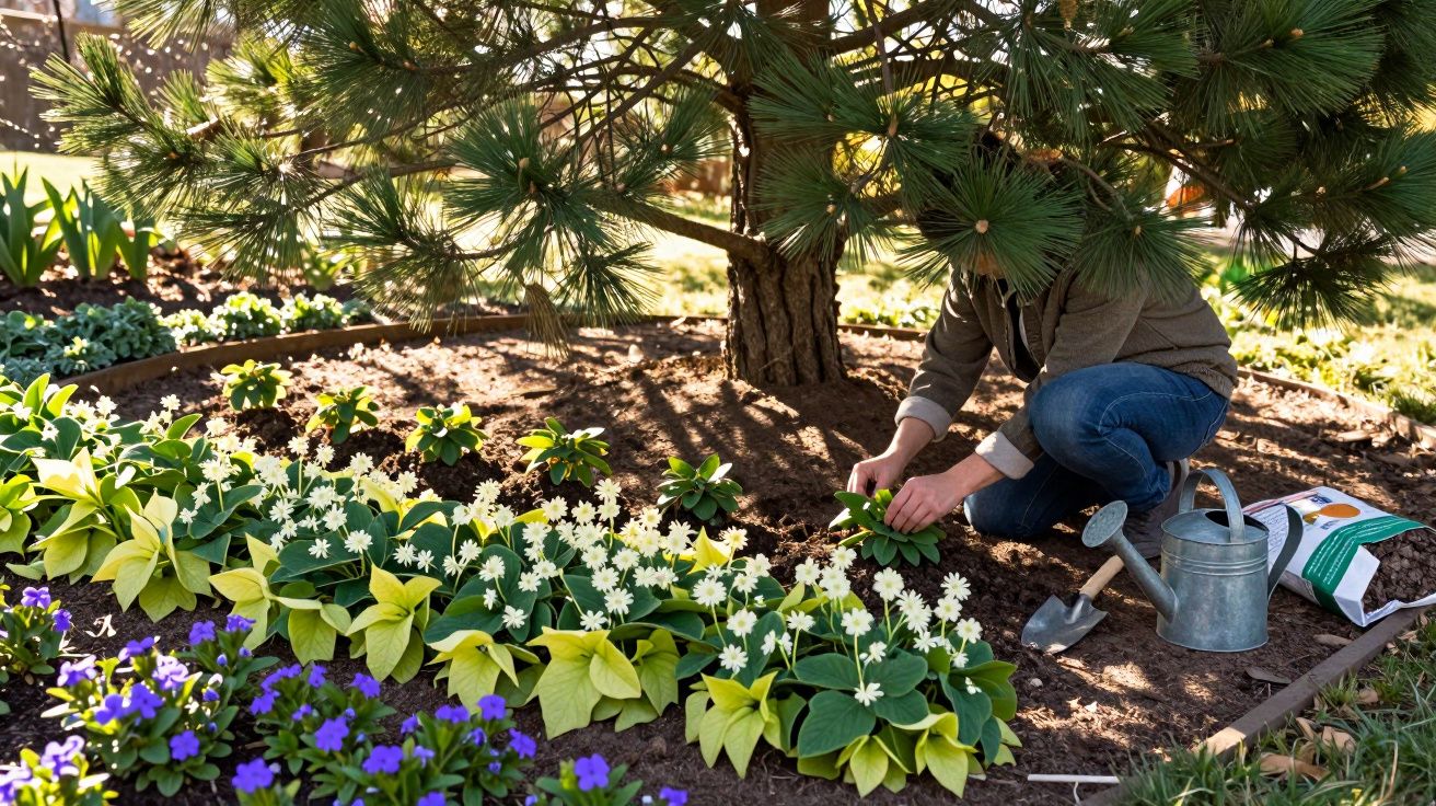Pessoa cuidando de plantas floridas ao redor de árvore em jardim ensolarado, com regador e pá ao lado.