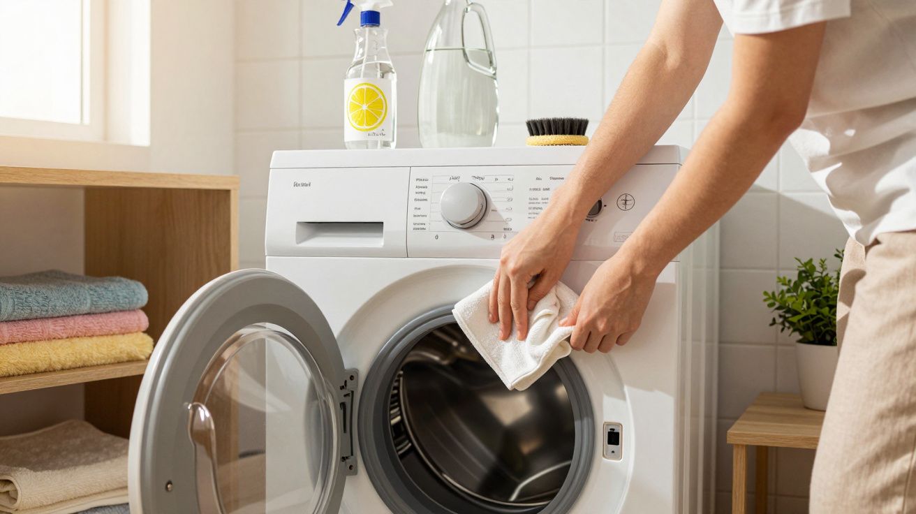 Pessoa limpando uma máquina de lavar roupa branca com um pano em lavanderia organizada.