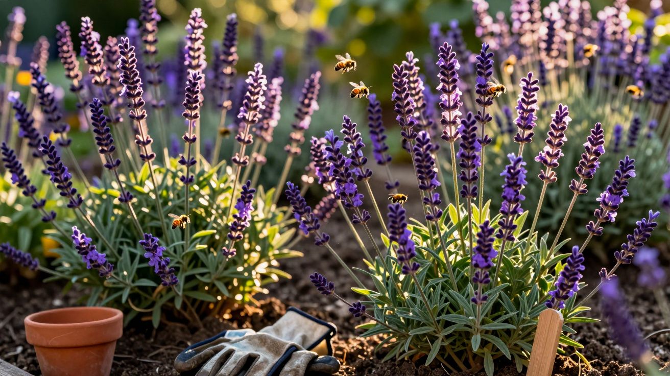 Flores de lavanda roxa com abelhas voando sobre elas em jardim com luvas e vaso de barro no chão.
