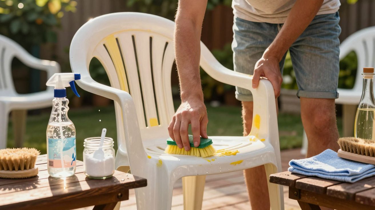 Pessoa limpando cadeira plástica branca com escova em área externa ensolarada.
