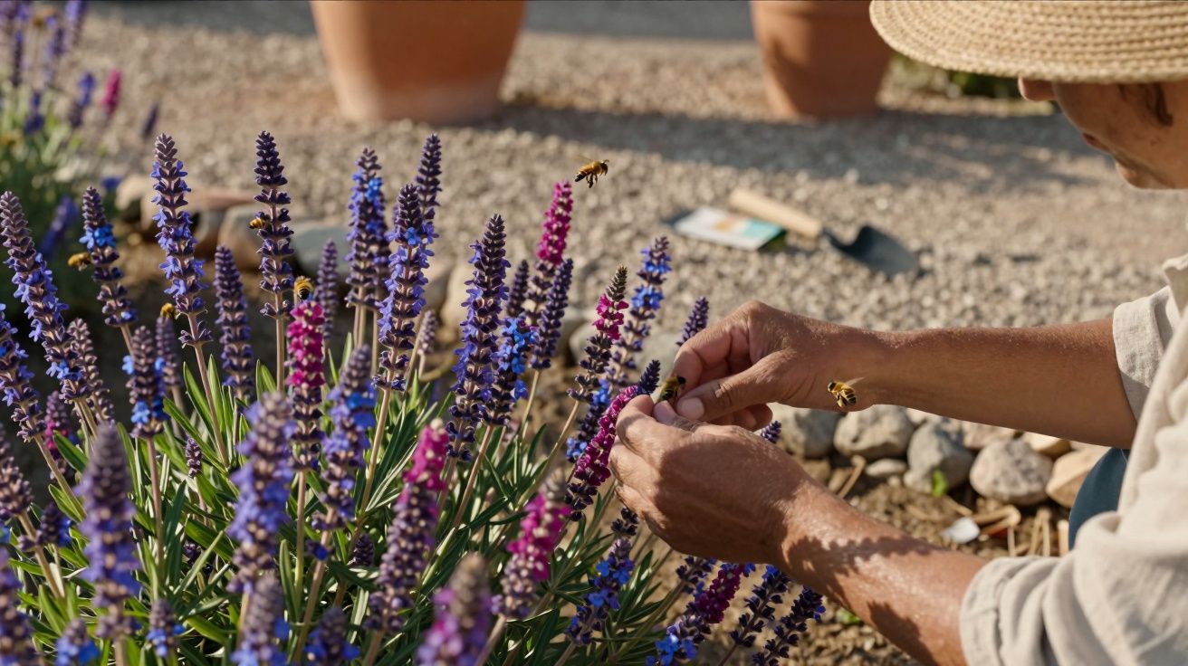 Pessoa colhendo flores roxas e rosas em um jardim com várias abelhas voando ao redor.