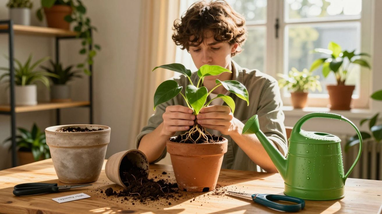 Jovem transplantando planta em vaso de barro, mesa com terra, regador verde e tesoura de jardinagem.