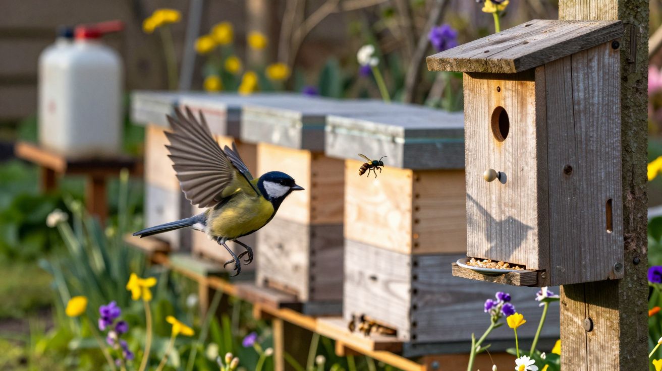 Pássaro voando próximo a caixa-ninho de madeira em jardim com flores e colmeias ao fundo.