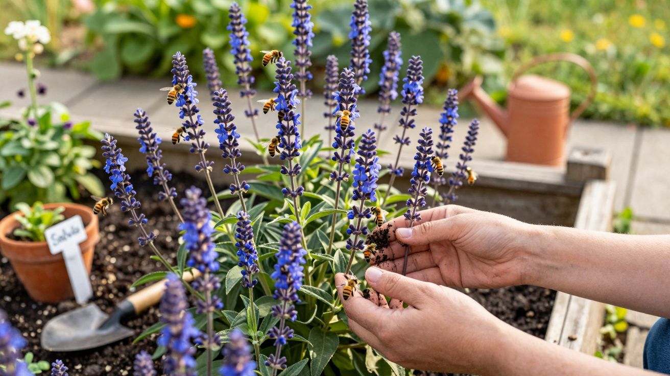 Mãos cuidando de plantas de lavanda roxa com abelhas em canteiro de jardim ensolarado.