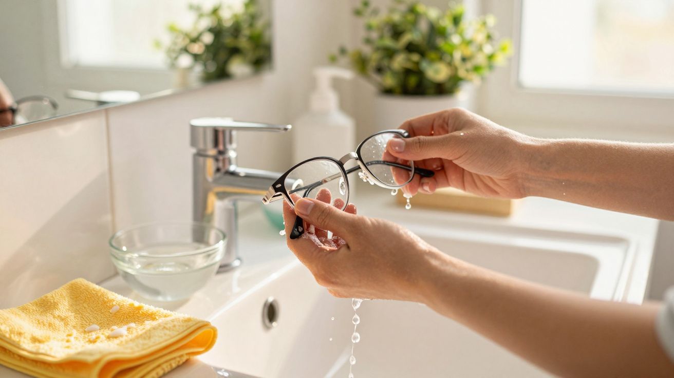 Pessoa lavando óculos com água na pia de banheiro bem iluminado com toalha amarela ao lado.