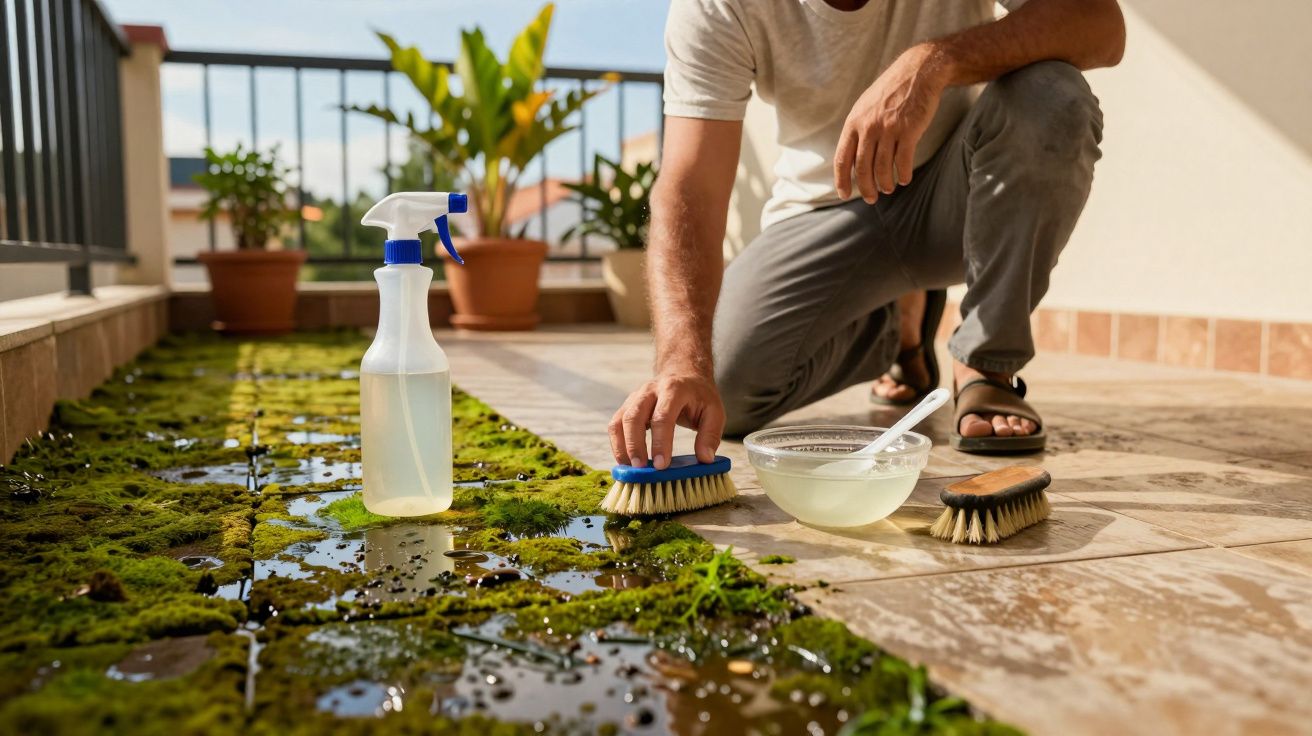 Pessoa limpando musgo de piso de azulejos com escova e borrifador em varanda ensolarada.