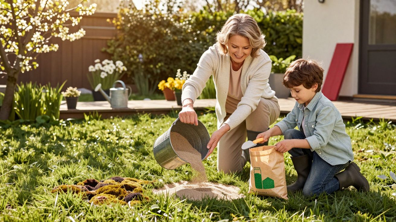 Mulher e menino plantando jardim juntos em área gramada ensolarada de casa.