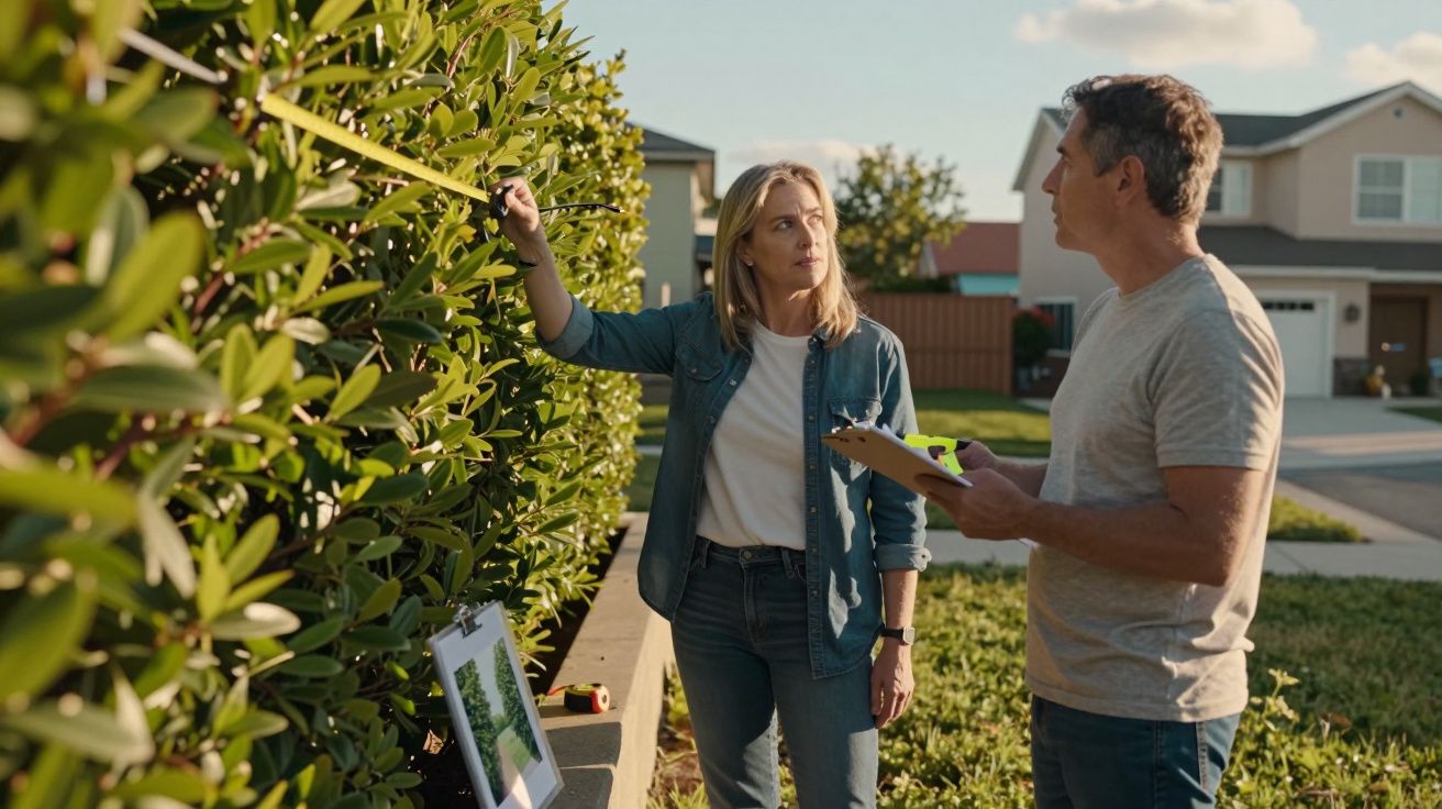 Mulher e homem medindo e avaliando uma cerca viva em um bairro residencial durante o dia.