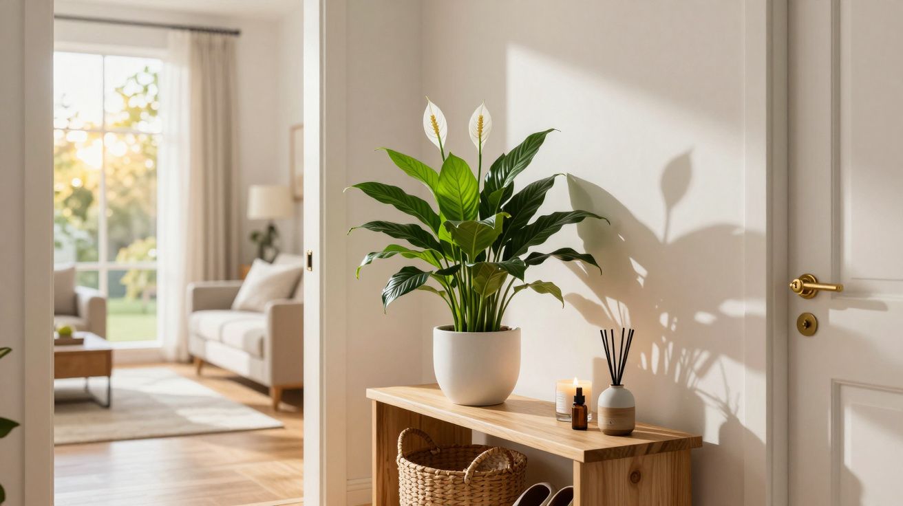 Planta em vaso branco sobre mesa de madeira com objetos decorativos em corredor iluminado por luz natural.
