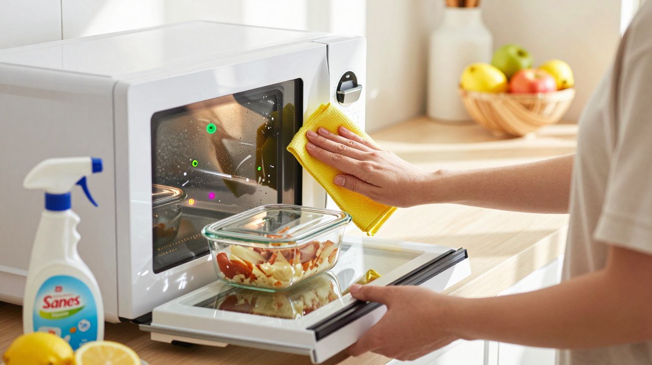 Pessoa limpando a porta interna de um micro-ondas branco com pano amarelo na cozinha.