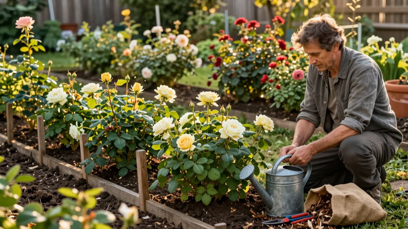 Homem regando rosas amarelas em canteiro de jardim com várias flores coloridas ao fundo.